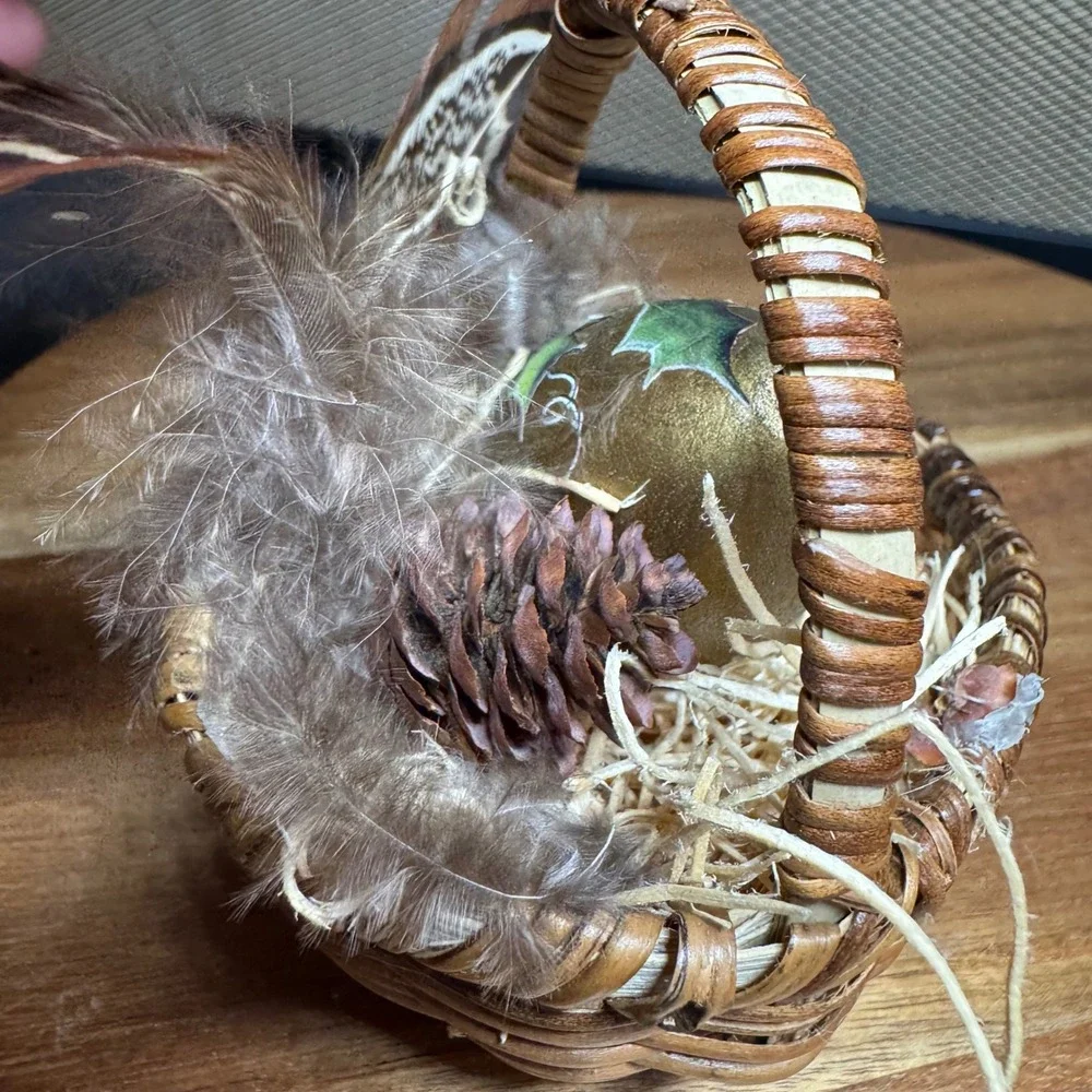 Vintage Hand Painted Gold Holly Egg in Miniature Wicker Basket with Feathers